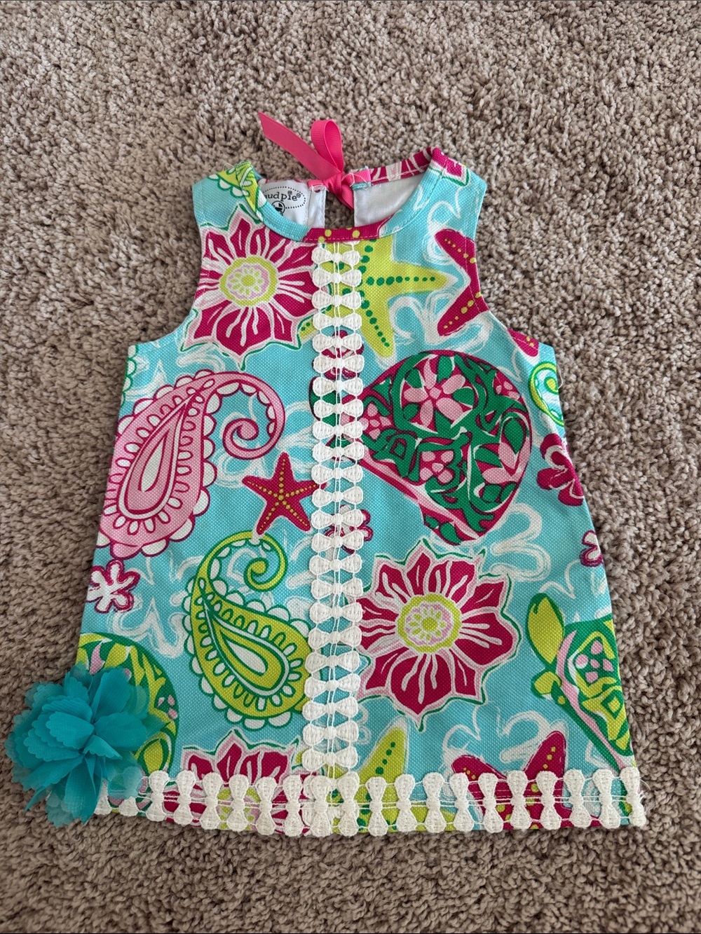 Turquoise Floral Paisley Girls' Dress with Pink Accents